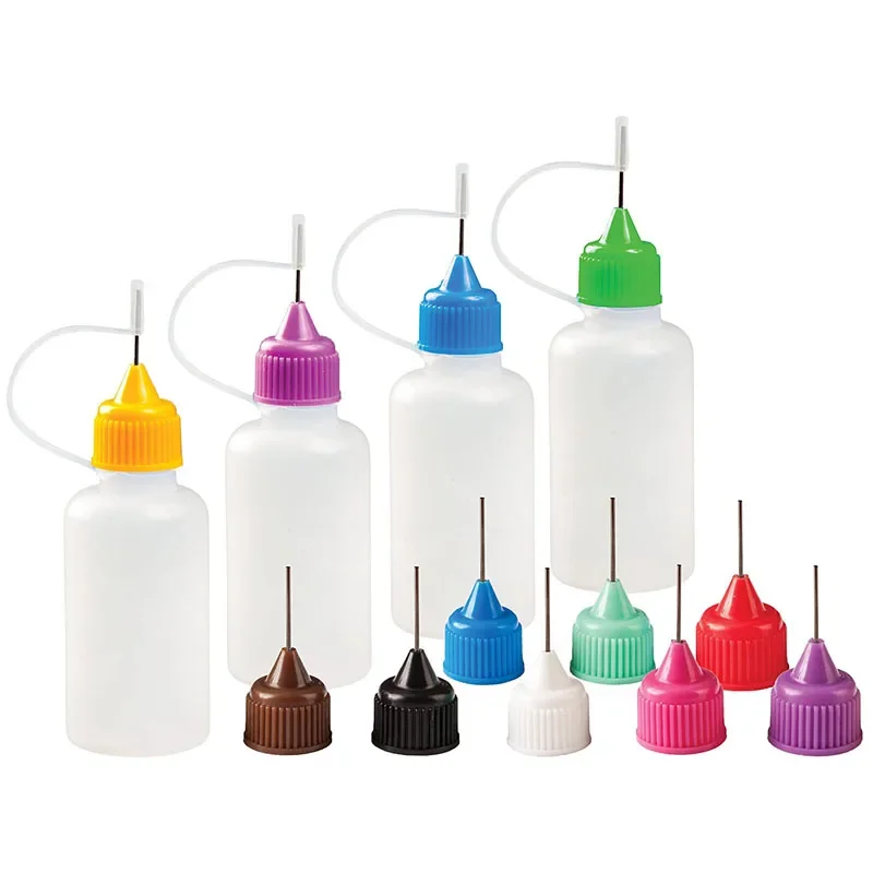 Garrafas plásticas com agulha espremível, 10 peças, 3ml-120ml, conta-gotas de líquido para os olhos, latas de cola, aplicador de tinta, recipientes
