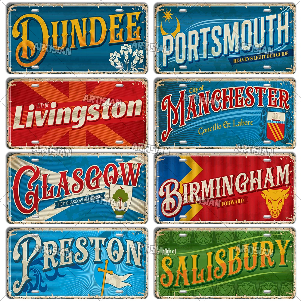 Artisian Britain Landmark License Plate England Scotland Northern Ireland Wales City Metal Sign UK United Kingdom Vehicle Plate