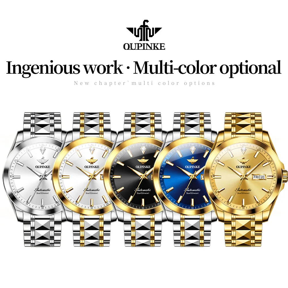 OUPINKE 3223 Мужские часы Элитный бренд Механические часы ﻿   Водонепроницаемые мужские часы из вольфрамовой стали 50 м с отчетом качества