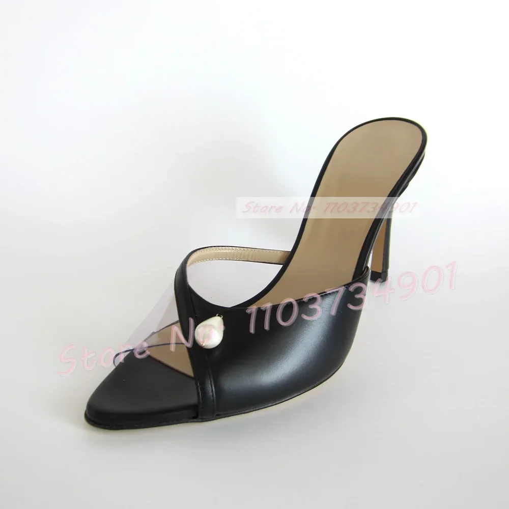 Pink Pvc Open Pointy Toe Mules With Pearl Women Elegant Party Fancy Sexy Dress Shoes Female Party Leather Splicing Slippers view 5