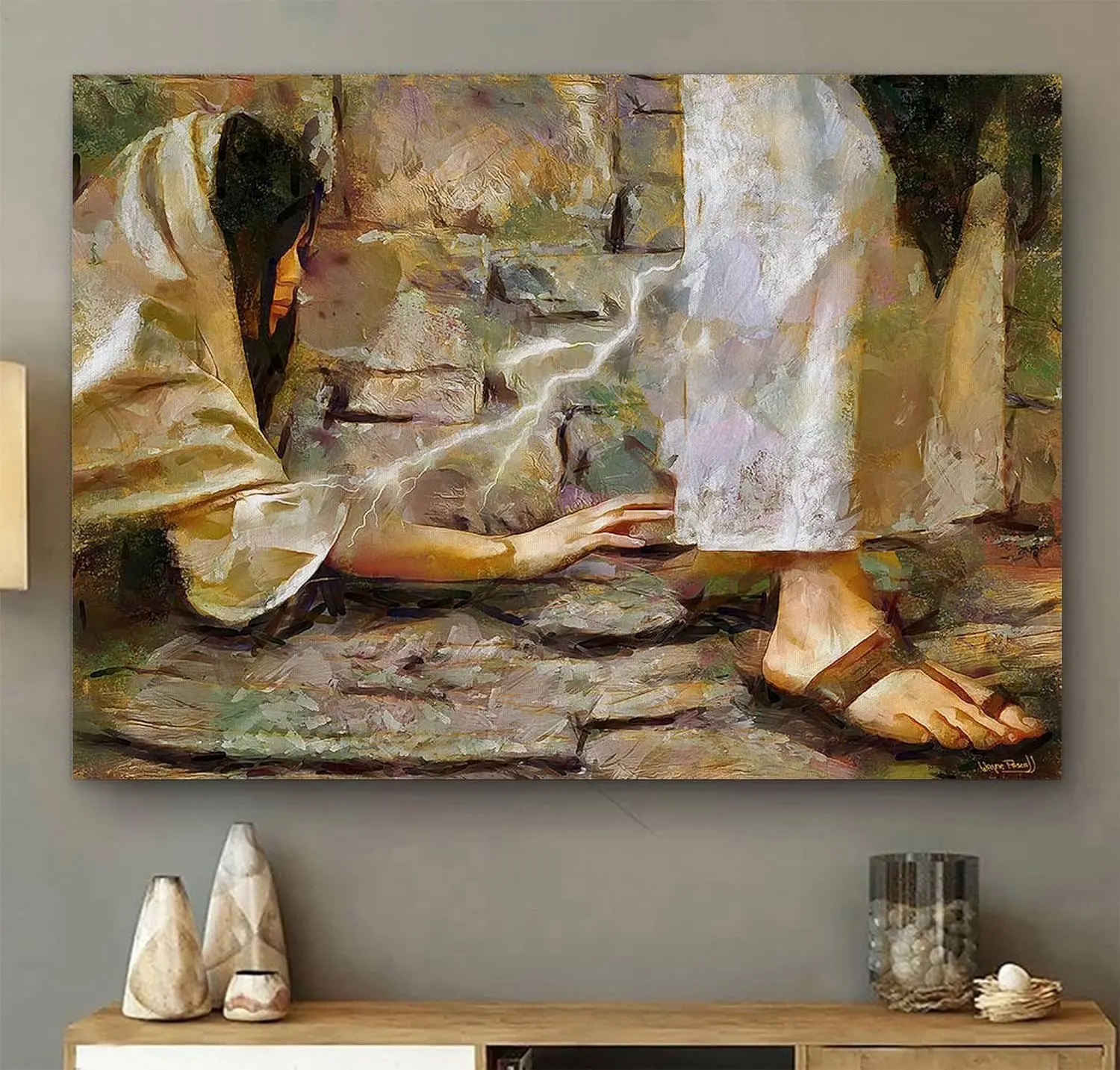 Retro Metal Tin Sign es Touching The Hem of Jesus’S Garment Oil Paint Poster Or A Woman Healed by Jesus Wall Art Christian