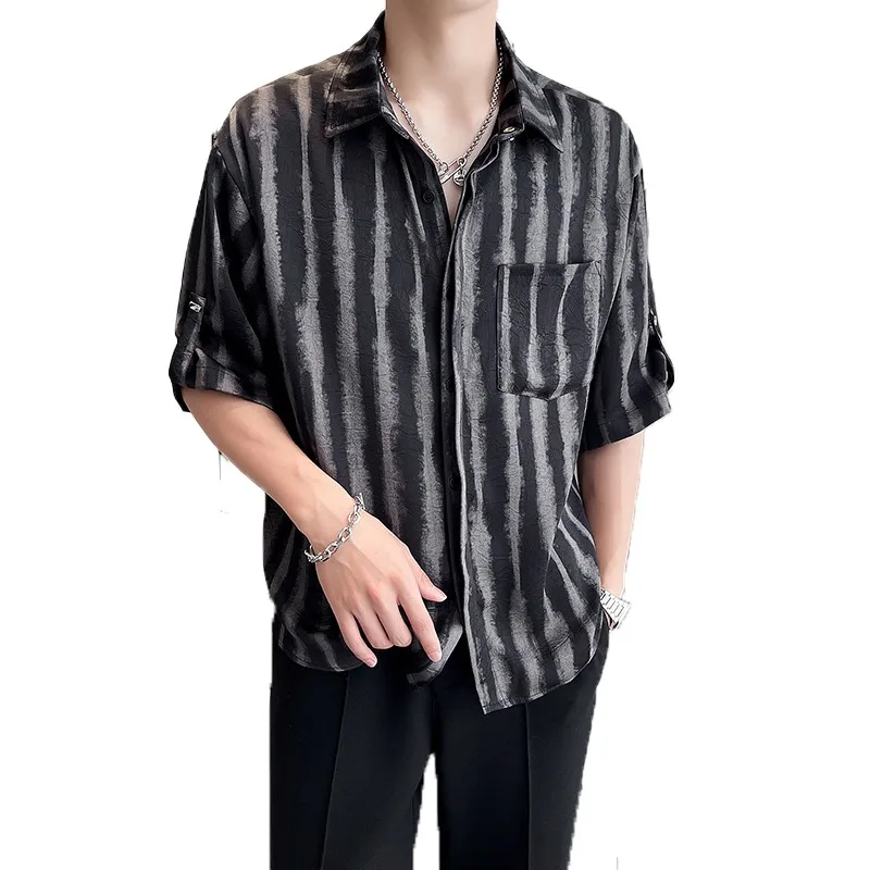 Camisas manga de media de malla para hombre, camisa informal holgada a rayas, Tops versátiles de moda, ropa de calle Social, verano 2024