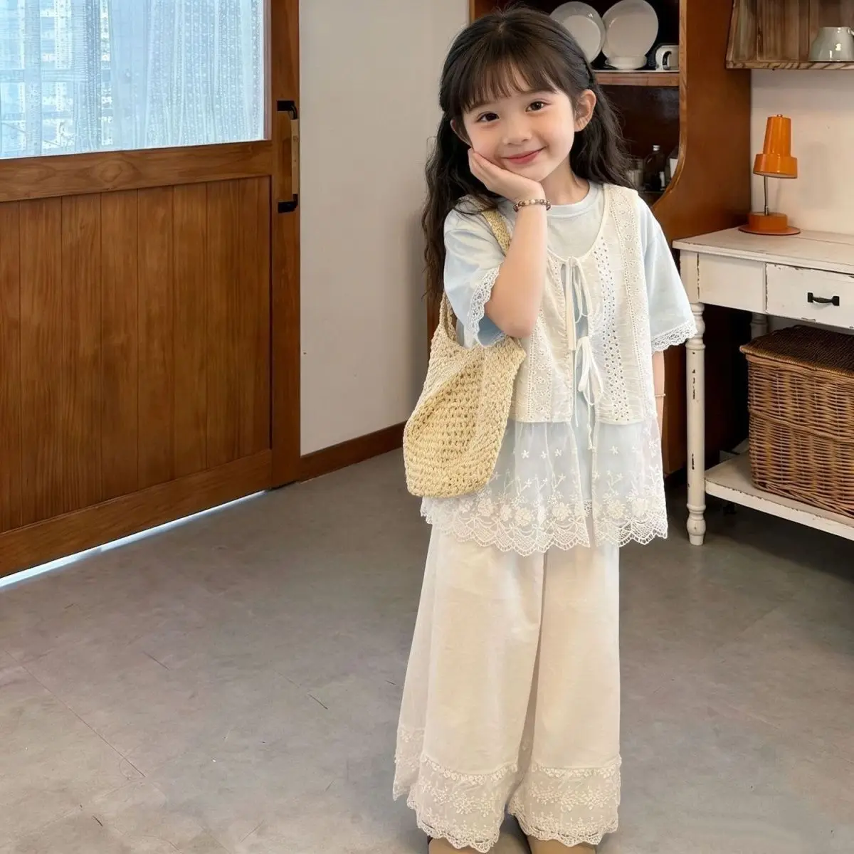 Teen Girls Set Summer New Children Cotton T-shirt Lace Vest and Wide Leg Pants Set Fashion 3-Piece Clothing