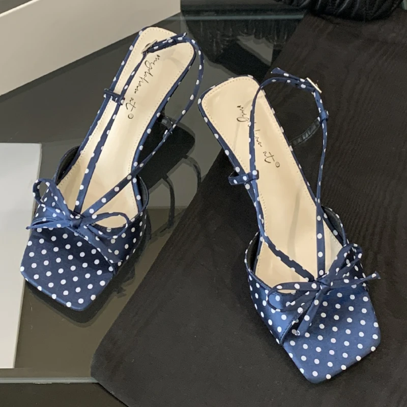 

Blue Polka Dot Bow High Heel Sandals Women Fashion Square Toe Back Strap Buckle Brand Designer Shoes Sexy Open-toe Dress Shoes