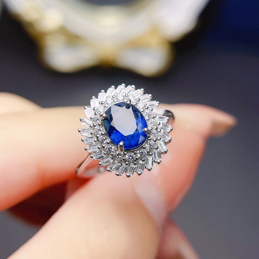 S925 Silver Natural Sapphire Ring,6*8mm Pear Gem Tapered Zircon Halo Adjustable Women Statement Ring