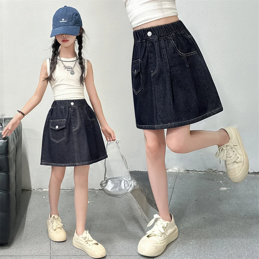 Stylish Kids Children Fashion Vintage Dark Blue Denim Skirt for Teen Girls Trend Street Design Y2K Bottoms 5 6 7 8 9 10 12 14 Y