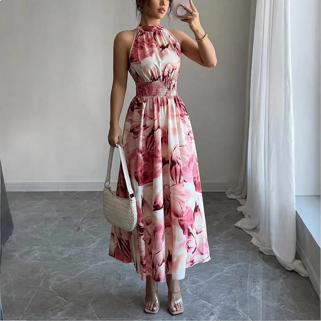 Women Sleeveless Halter Dress Ruched Waist Ruffle Dresses Spring Summer Beach Vacation Party Elegant Female Fashion