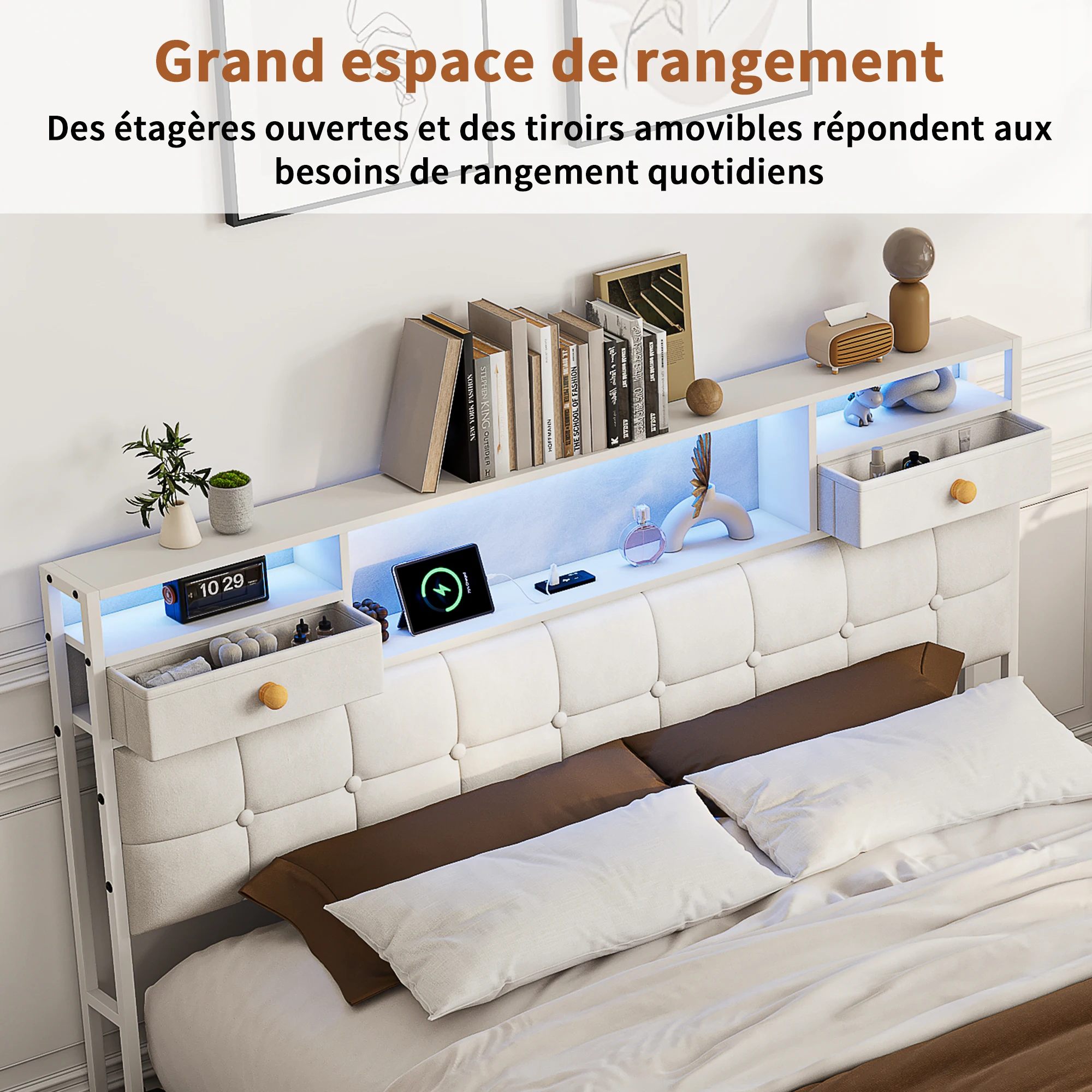 Letto imbottito con struttura e vano contenitore, testiera con vano contenitore e 2 cassetti, strisce luminose a LED nella testiera, colore beige/grigio, dimensioni 140x200 cm, mobile multifunzionale
