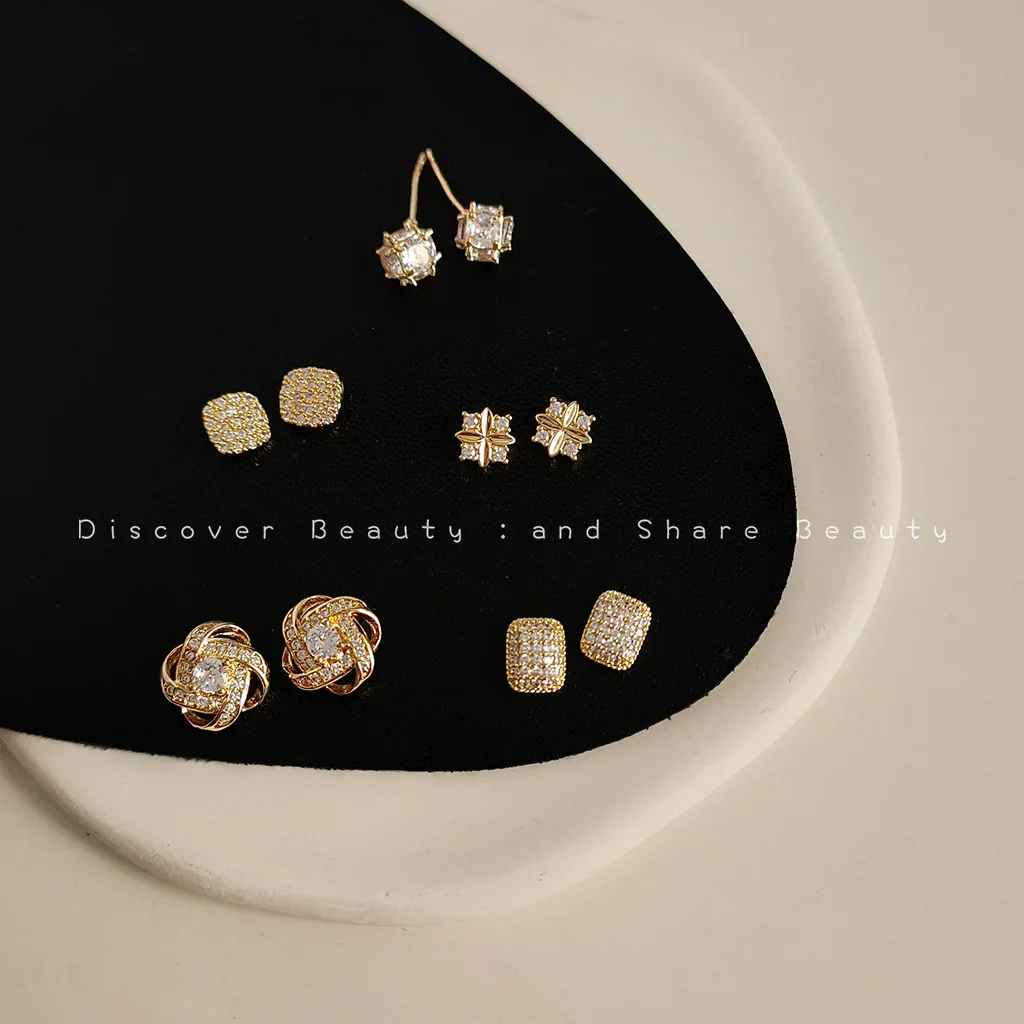 DIY accessories Stylish and simple micro-inlaid zircon stud earrings female Korean niche design geometric earrings light luxury