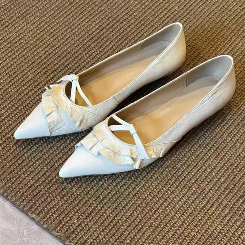 

Элегантные кожаные туфли Мэри Джейн на низком каблуке с оборками, женские модные синие модельные туфли на каблуке с острым носком во французском стиле