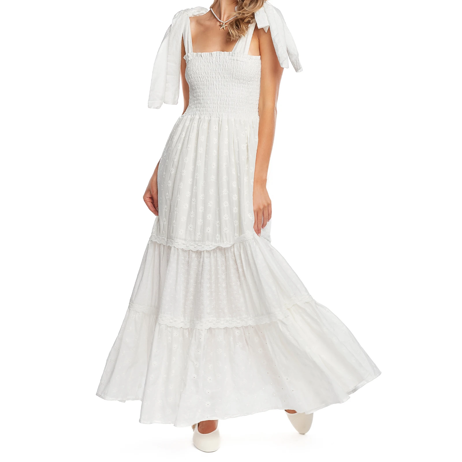 Women’s Tie Shoulder Dress Summer Sleeveless Square Neck Eyelet Dress Long Smocked Dress