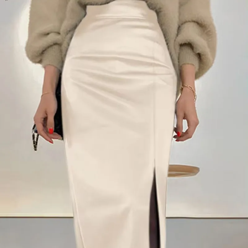 Spring Autumn 2024 Women's High Waist Slit Leather Skirt Casual Style Half Body Skirt Popular Hot Sale Cross-Border Product