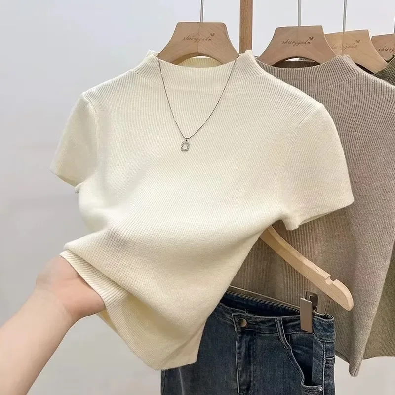 Slim Bodycon Women Mock Neck Knitted Sweater Short Sleeve Soft Stretchy Summer Basic Minimalist Daily Office Pullover Shirt