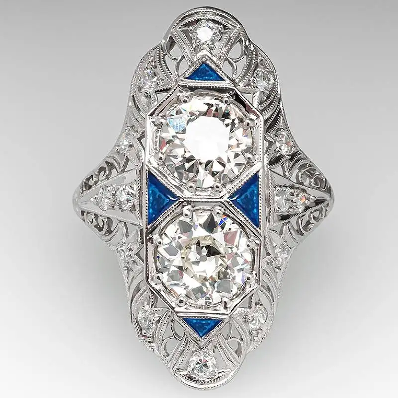 Huitan Damenring mit geometrischem Design, hohl, mit glänzendem Zirkonia besetzt, zartes Party-Accessoire für Damen, Vintage-Schmuck