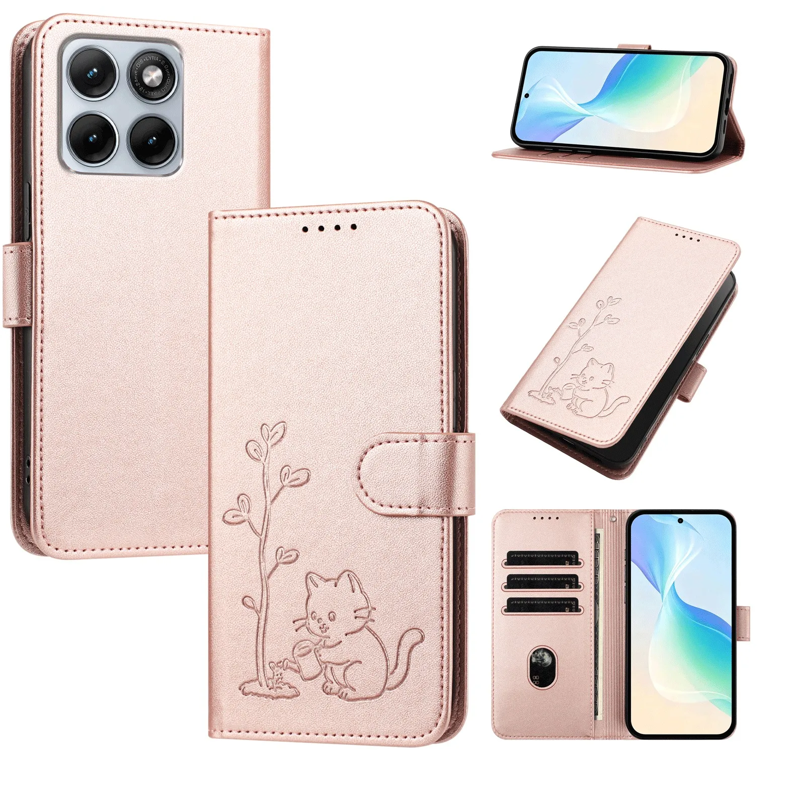 Cute Cat Watering Tree Flip Card Slot Wallet Leather Case for Moto G86 Edge 70 Fusion X70 Air Pro Shockproof Book Stand Cover