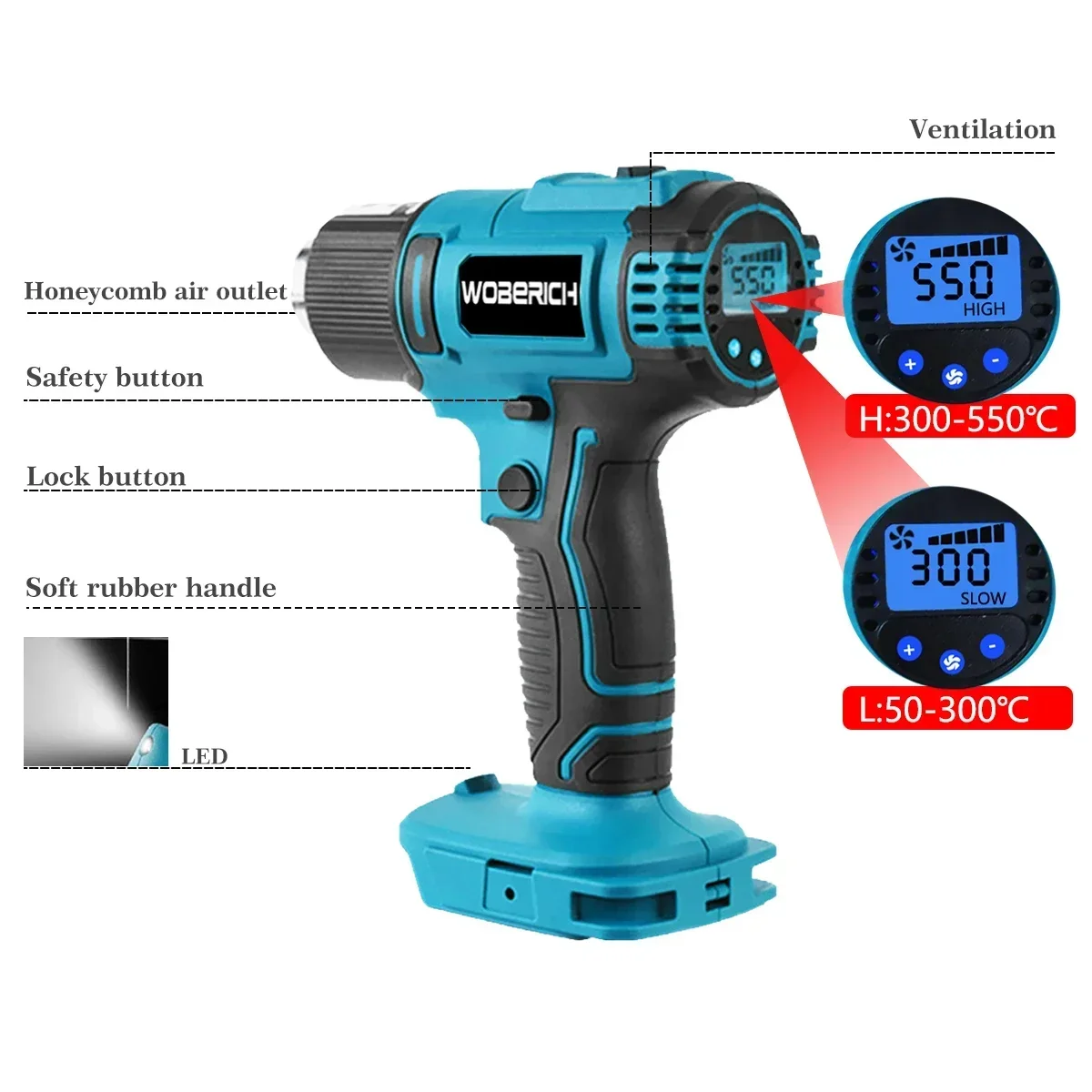 Heat gun 2500W Cordless Electric Heat Gun 0-550℃Temp Adjustab Heating Equipment Hot Air Machine Compatible for Makita 18Vbattery