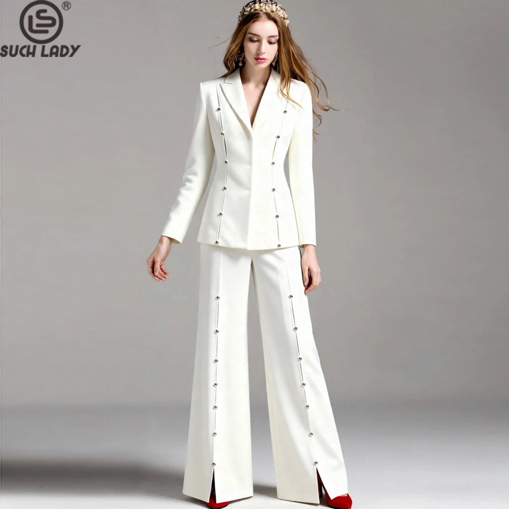Women's White Blazer & Maxi Pants 2 Piece Suit Set - Elegant Crystal Button Long Sleeve Formal Pant Suit for Office, Party