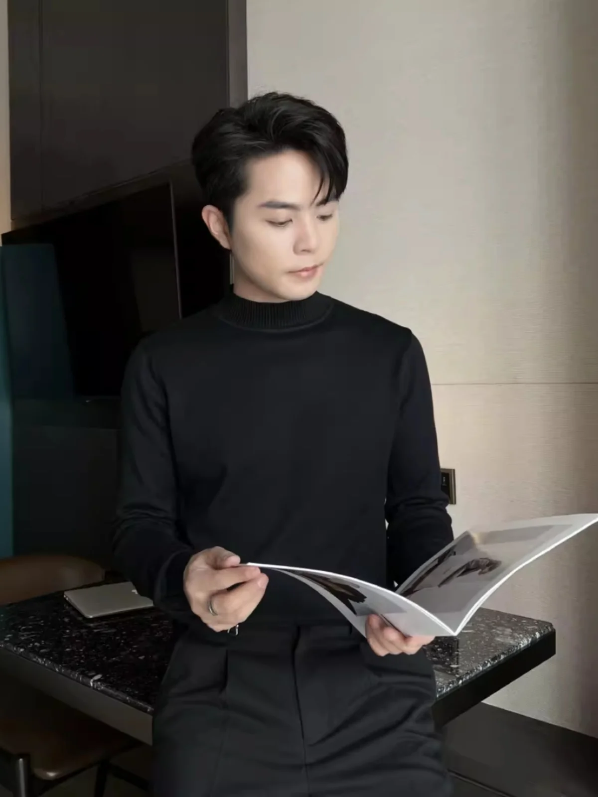 

Men's Mid-Ne Knitwear Winter f-High Collar Basic Color Trendy Bla Woolen Sweater Base Layer irt Casual Fit