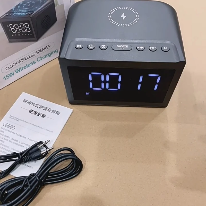 

Лидер продаж BT, беспроводная зарядка, светодиодный цифровой будильник, портативный домашний Bluetooth-динамик 3 в 1, FM-радио для домашнего офиса