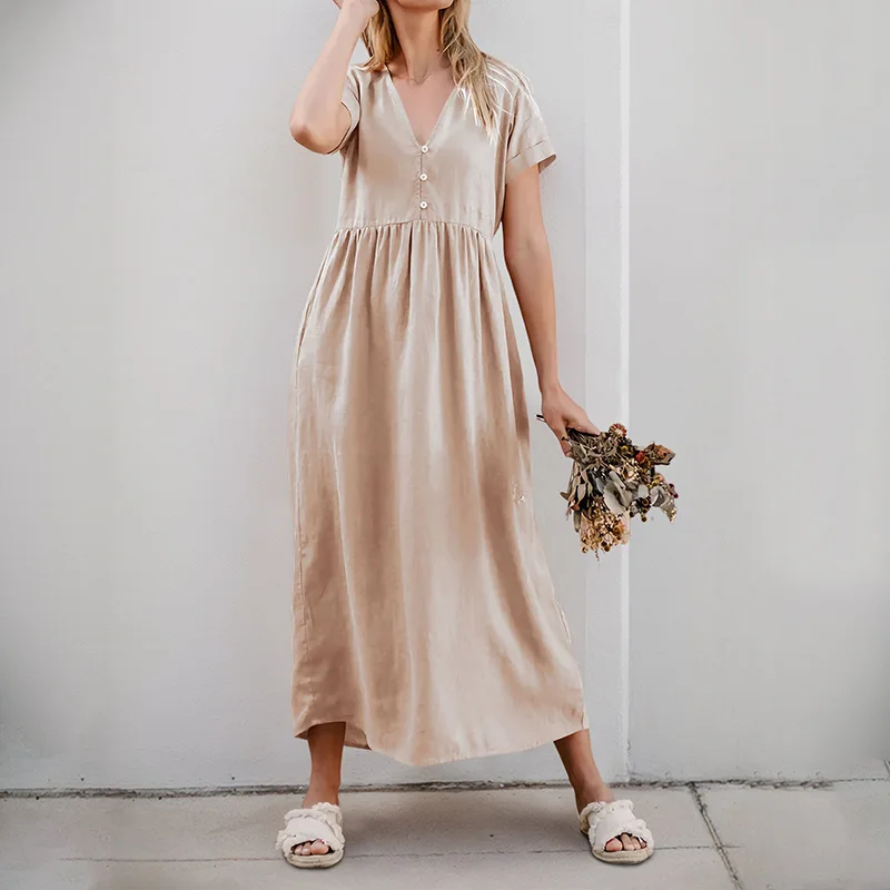 

2025 Spring and Summer Leisure Simple Loose Button Decoration V-neck Solid Color Women's Dress