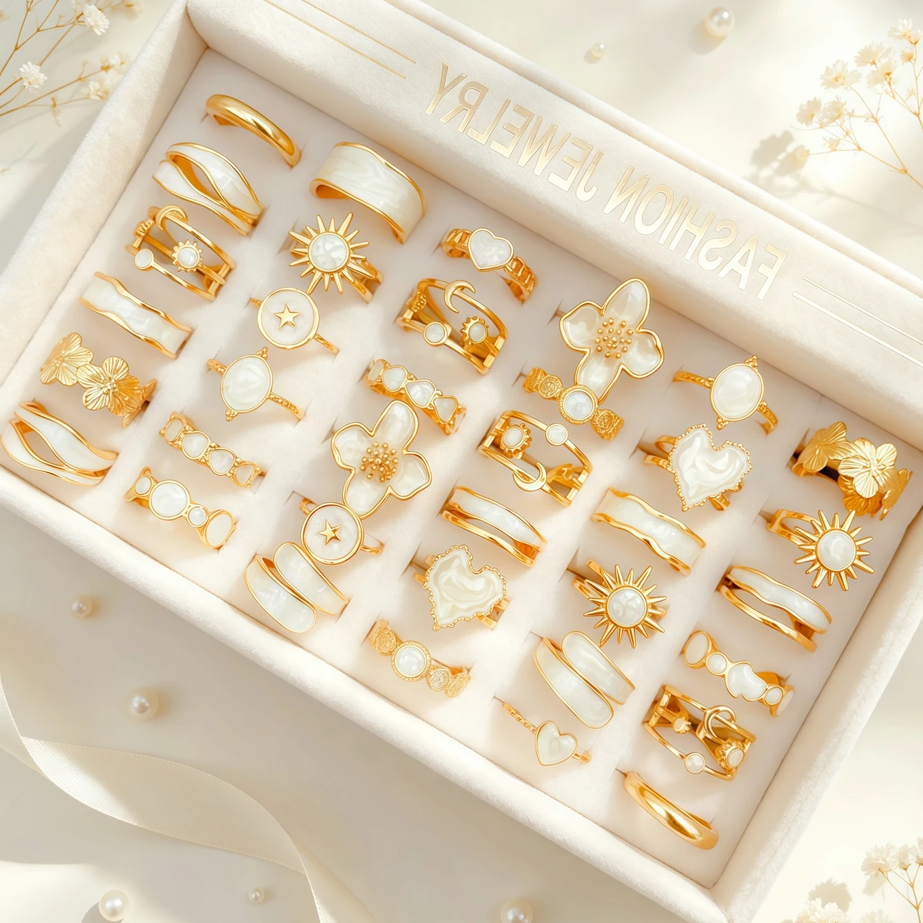 10/15/20Pieces Fashion White Drip Oil Open Rings Set For Women Mix Style Flowers Heart Geometry Daily Jewelry Party Gifts
