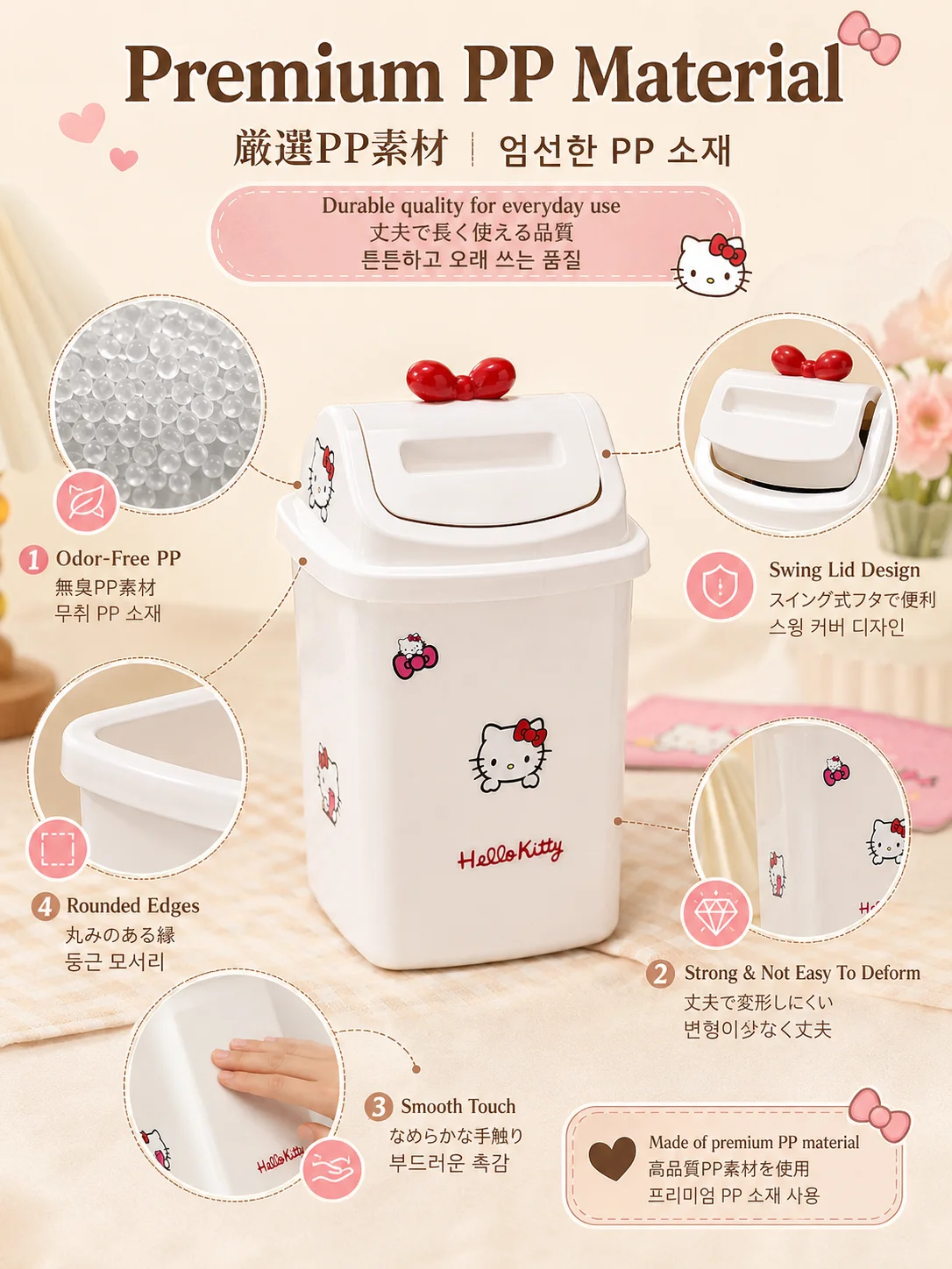 Sanrio HelloKitty Swing Lid Bin Odor Isolation Waste Bin Durable Cute Floor Trash Bin EasyClean SwingGarbage KitchenLivingOffice view 6
