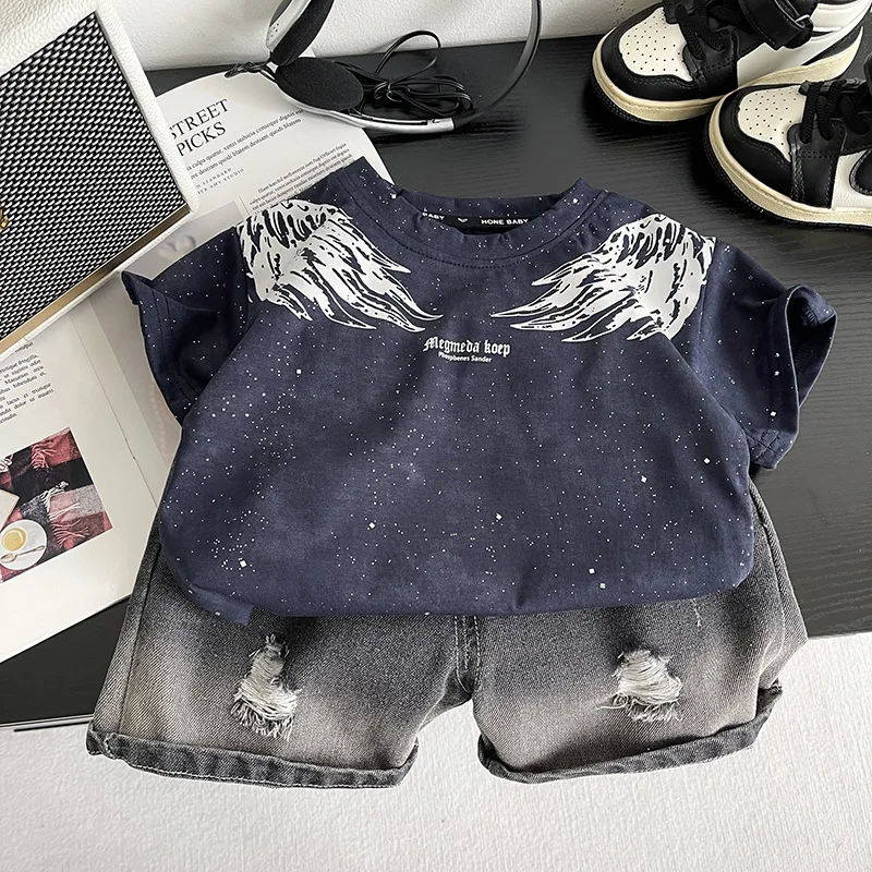 0-5Years New Baby Boy Fashion Cool Summer Clothes Suits Toddler Wings Printed T-shirt+Ripped Jeans 2pcs/sets Children Tracksuits