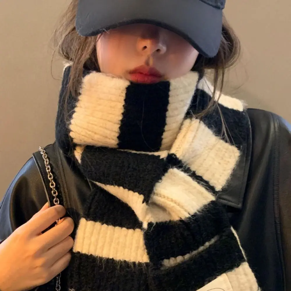 

Vintage Warm Winter Scarf Soft Black White Long Scarves Thickened Striped Shawl Wrap Women