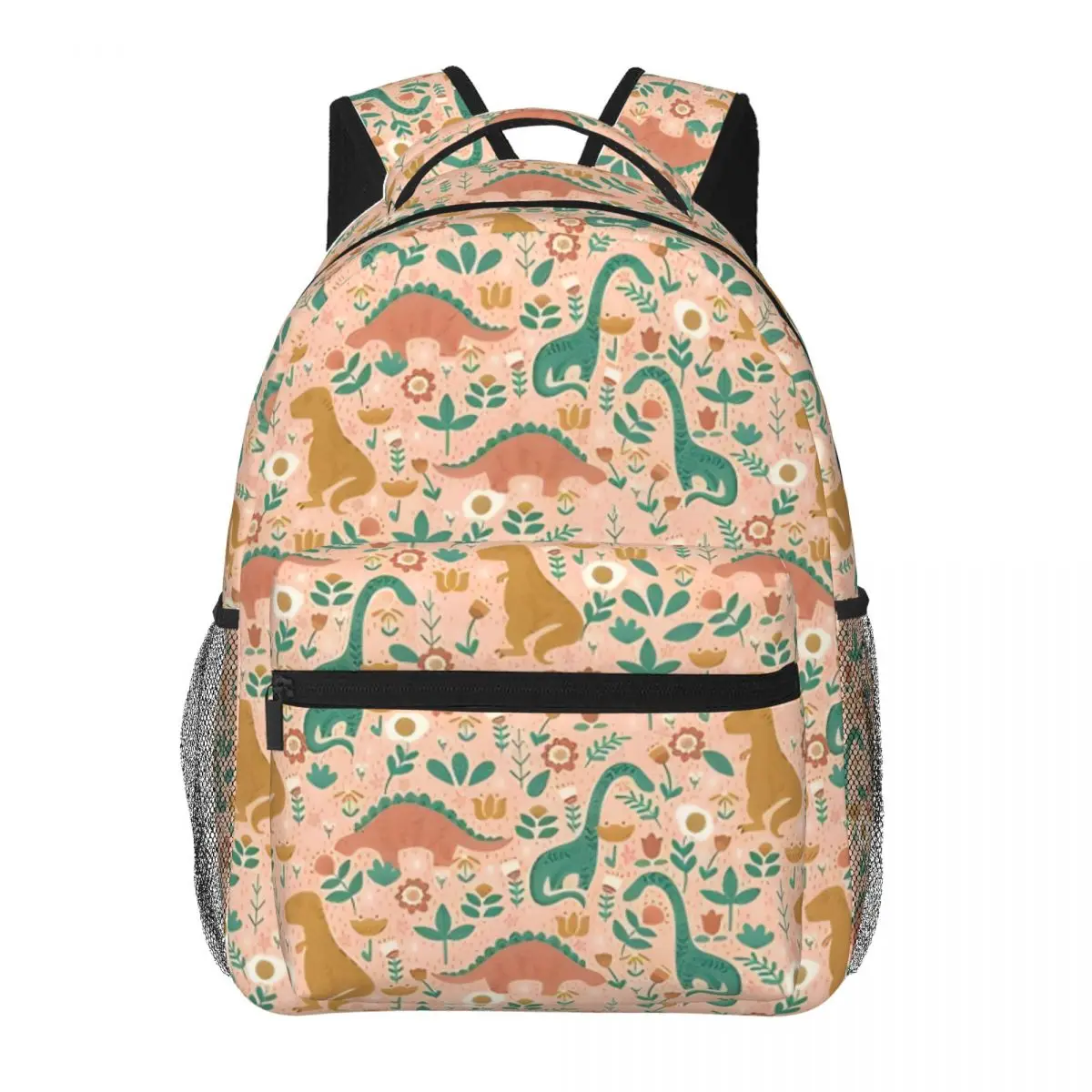 

Folk Floral Dinosaurs In Pink Backpack for Men Women Fashion High School Hiking Travel Daypack College Shoulder Bag Outdoor 16in