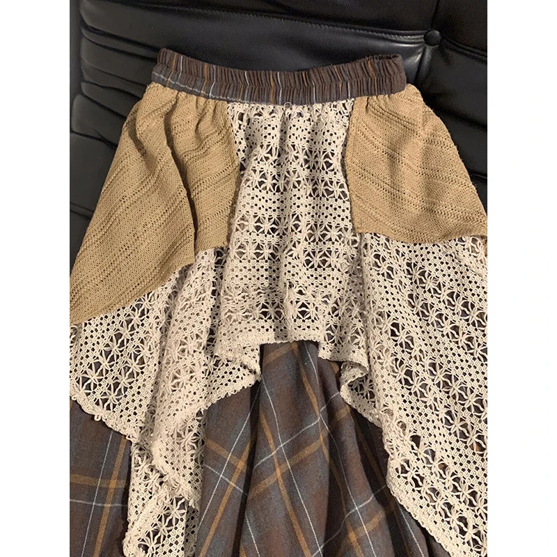 الخريف الشتاء خمر المرقعة منقوشة تنورة المرأة عالية الخصر ألف خط ماكسي تنورة غير النظامية بوهو الأدبية الدانتيل المشارب تنورة طويلة