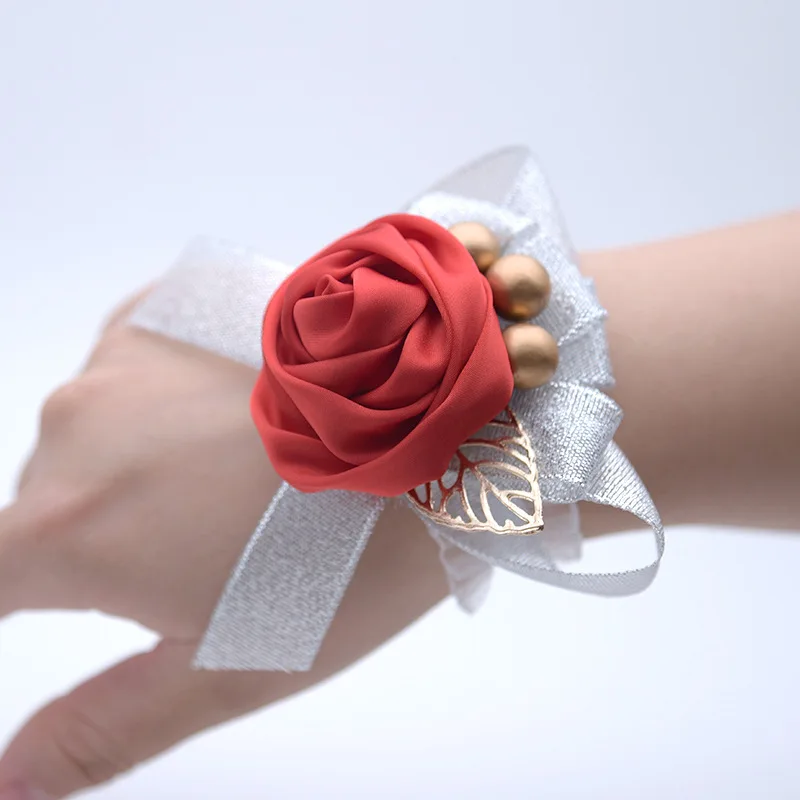 Grijs Rose Bloemen Zijden Strik Huwelijk Accessoires Pols Corsage Bruiloft Armband Bruidsmeisje Party Leveranciers