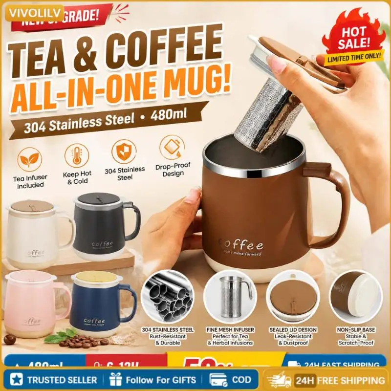 ~304 Stainless Steel 480ml Insulated Mug With Lid Tea Infuser Drop-Proof Design ForOffice Coffee Gift