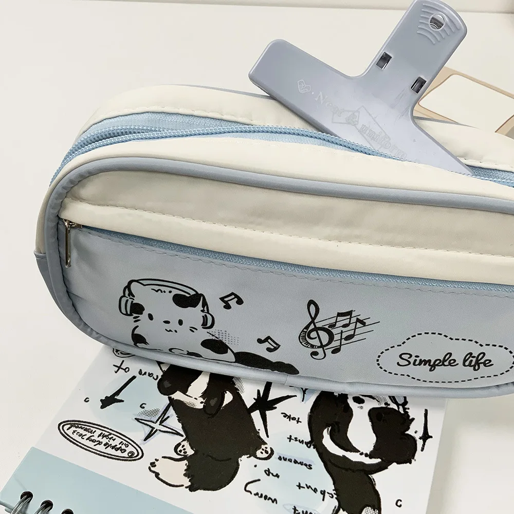 Estuche de lápices portátil de gran capacidad, lindo gatito japonés para escuchar música, Kawaii Cat Girl, bolsa para bolígrafos, papelería,