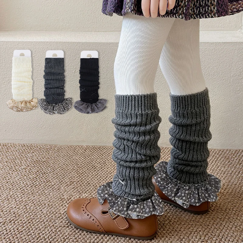 Kids Girls Socks Winter Warm Girls Leg Warmers Socks Floral Mesh Ruffle Solid Color Knee High Leg Covers for Girls