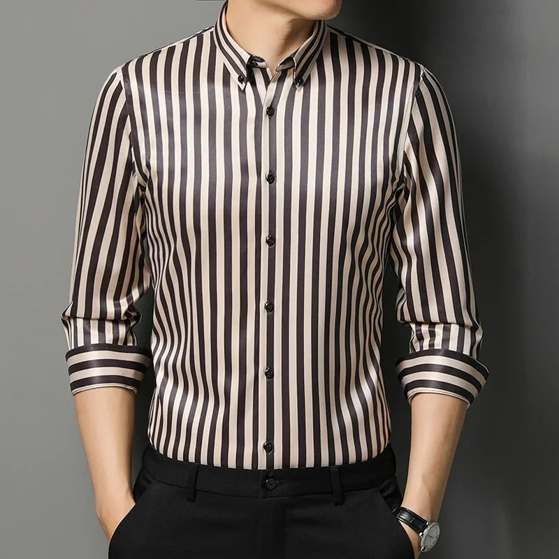 Spring Business Shirt for Men Striped Turn-down Collar Dress Shirts Men Long Sleeve Tops Designer Clothes Man