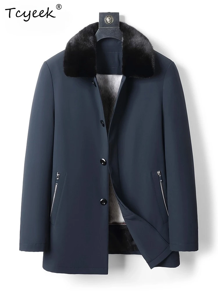 

Tcyeek Мужская куртка из натурального норкового меха средней длины, зимняя одежда, теплые мужские пальто, новые пальто, воротник из норкового меха 2025