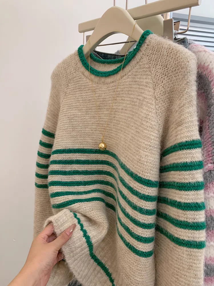 

Ladies een Striped Knitted Sweater round Ne Loose Fit Autumn Winter Korean Sle Comfortable Warm Woolen Long Sve Top