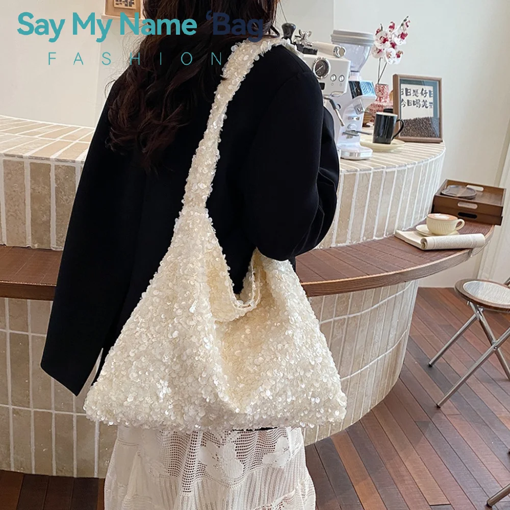 Fashion Sparkly Sequin Sweet Tote Bag for Women Casual Glitter Shopper Shoulder Bag for Party Large Capacity Youth Shiny Handbag