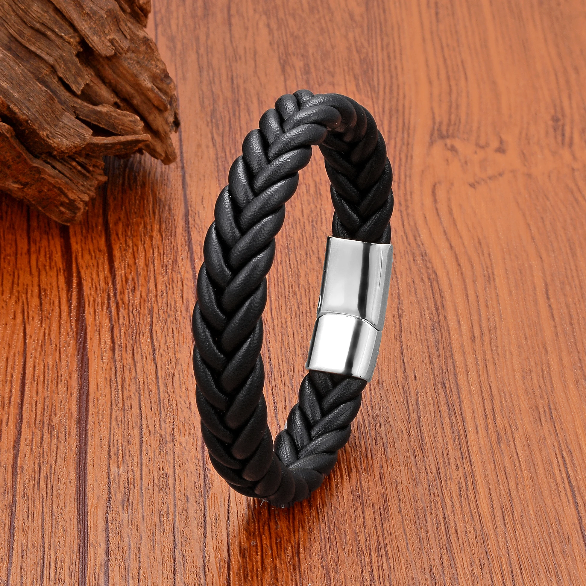 5 Color Wide Handmade Woven Leather Wrap Bracelets Men\'s Chain Bangles Stainless Steel Premium Jewelry Gift For Boyfriend