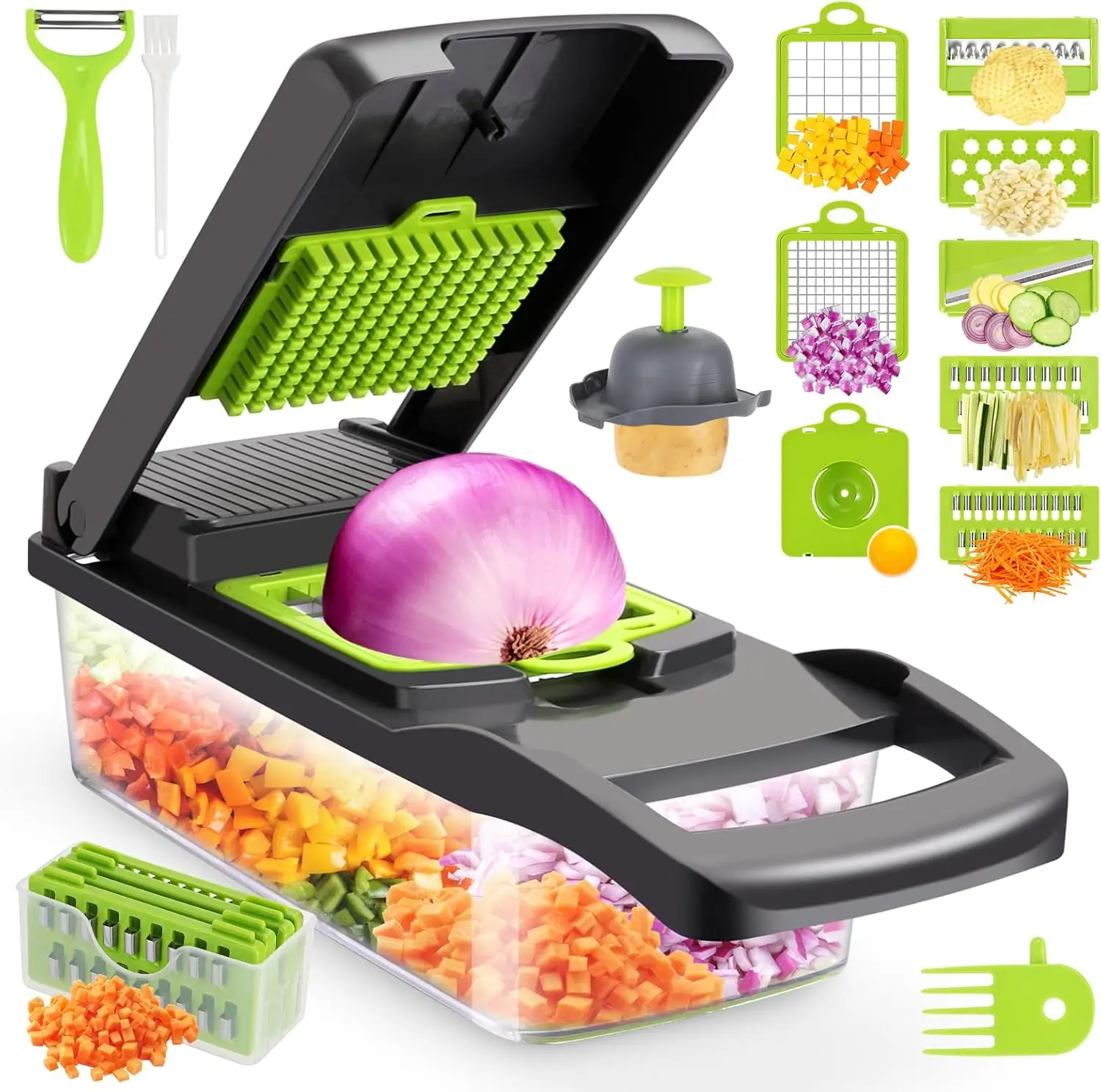 

Multifunctional 13-in-1 Vegetable Chopper with 8 Blades, Colander Basket, Container for Salad Potato Carrot Garlic