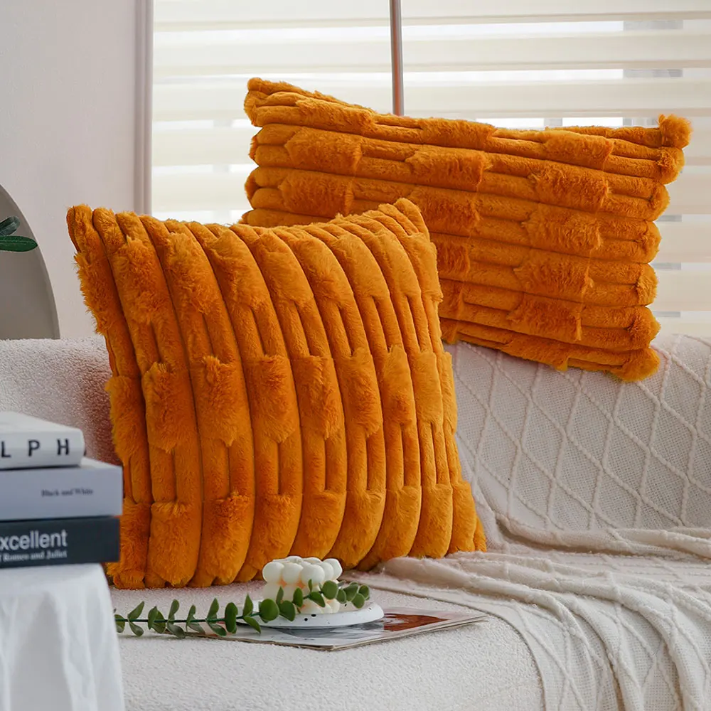Orange Plush Decorative Cushion Cover Autumn Winter Soft Skin-Friendly Zippered Throw Pillow Cover For Living Room Sofa Bedroom