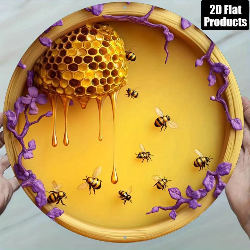 2D Flat Retro Bee Hive Aluminum Wall Art - Rustic Yellow Bee Purple Flower Decor for Living Room Office Mother Father Day Gift