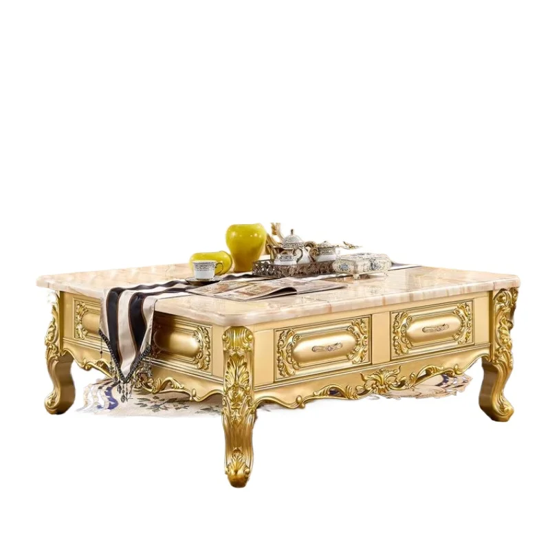 

Luxury square coffee table with TV cabinet American French gold marble solid wood living room side table