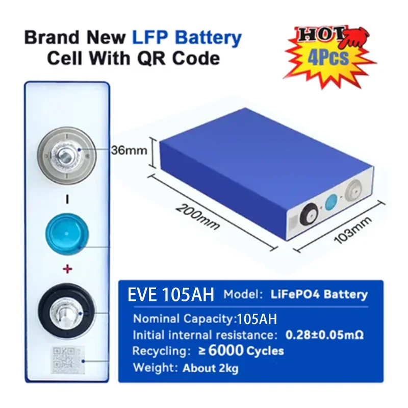 New 3.2V 105AH LiFePO4 Battery 100Ah Brand New Rechargeable Cell 6000+ Cycle Free Busbars DIY 12V 24V For EV Solar Battery Pack