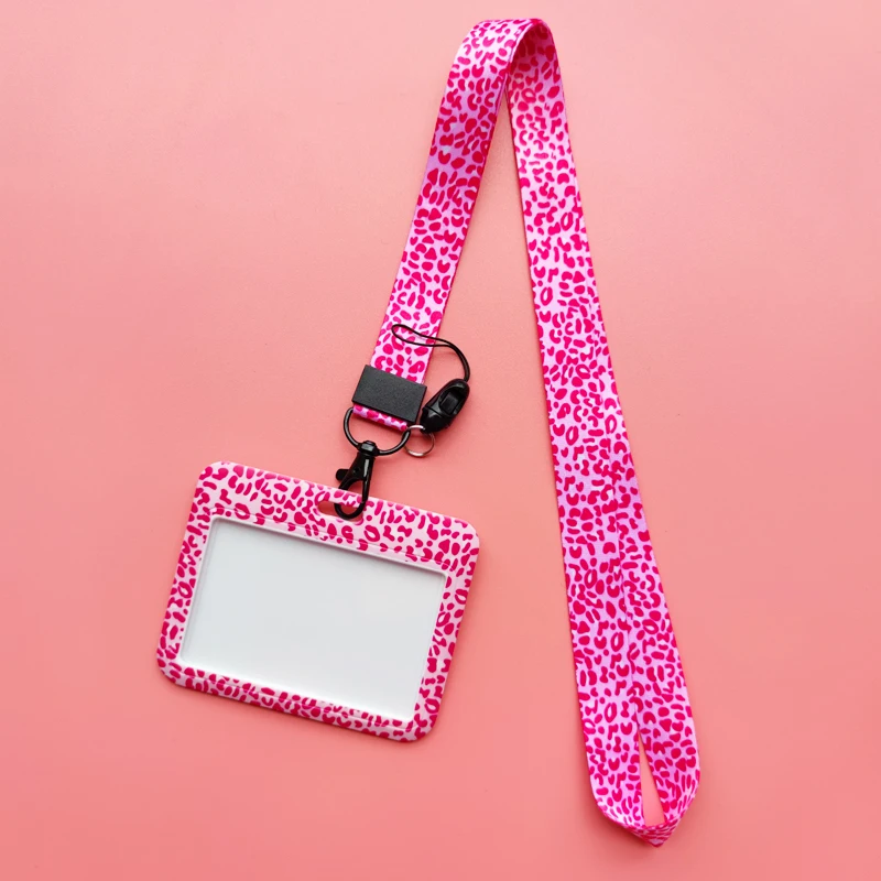 Rosa Ausweishalter mit Leopardenmuster, Schlüsselband, Schlüsselanhänger, Damen-Kreditkartenetui, Umhängeband, Ausweishalter, Ausweishalter, einziehbarer Clip – Detail 5