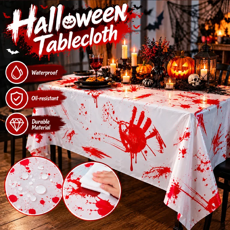 Disposable Halloween Tablecloth with Bloody Handprint Design Oil-Proof Waterproof Party Cover for Haunted House Horror Theme