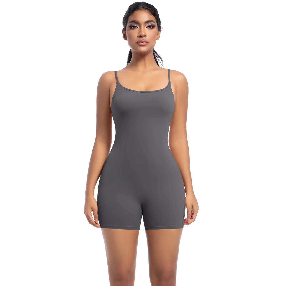 Hochfester Trainings-Stretch-Bodysuit für Frauen, Einteiler, schnelltrocknend, Hüft-Push-Up, Fitness-Shorts, Träger-Jumpsuit – Detail 4
