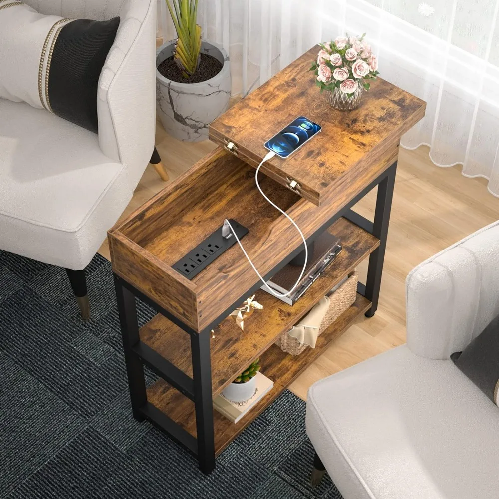 

Sofa Side Table with USB Ports and Outlets, Narrow End Table Set of 2 with Charging Station, Bedside Nightstand