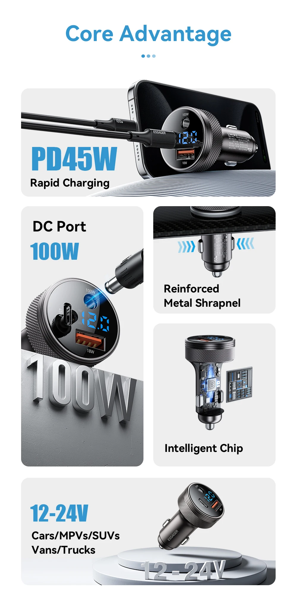 Essager 150W USB-Autoladegerät für Xiaomi iPhone Samsung Laptops Tabet PD 3.0 Schnellladung USB Typ C Digitalanzeige Autoladegerät – Detail 2