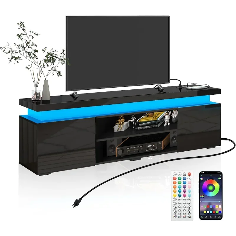 Hlivelood LED TV Stand for 75 Inch , Modern with Power Outlet, High Gloss Console Entertainment Center Storag